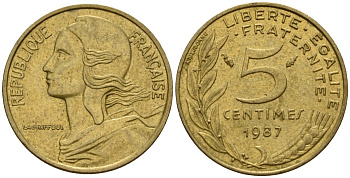 Франция 5 сантимов 1987 KM 933 алюминиевая бронза 4154-1062