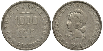 БРАЗИЛИЯ 1000 РЕЙС 1909 ГОЛОВА СВОБОДЫ ВЛЕВО KM 507 серебро 272-325