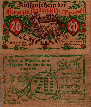 Австрия, Хадерсфельд 20 геллеров 1920 дерево 451-1112-1