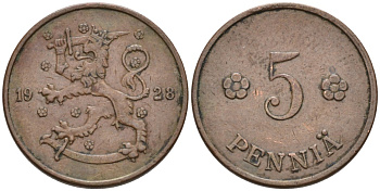 ФИНЛЯНДИЯ 5 ПЕННИ 1928 KM 22 медь 192-1246