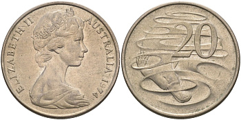 Австралия 20 центов 1974 Елизавета II (1952-2022), утконос KM 66 медно-никель 4131-912