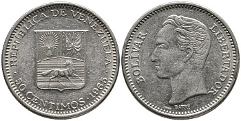 Венесуэла 50 сентимо 1965 Симон Боливар KM 41, Schon 51 никель 4532-269