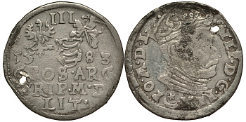 Великое княжество Литовское 3 гроша (трояк) 1583 Стефан Баторий (1576-1586), король Польский и Великий Князь Литовский, вес 2,19 гр., с отверстием на 8 часов Gumowski 758, Kopicki 3370, Iger V.83.1 Var. 21,0 серебро 1516-1342