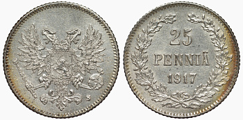 Россия для Финляндии 25 пенни 1917 S, временное правительство, без короны KM 19, Биткин 2 серебро 75-1462