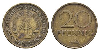 ГДР 20 пфеннигов 1969 A, первый год KM 11 латунь 3336-834