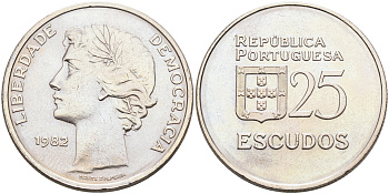 Португалия 25 эскудо 1982 KM 607а медно-никель 4590-542