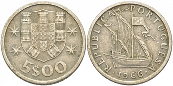 Португалия 5 эскудо 1966 парусник KM 591 медно-никель 3718-453