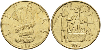 Сан-Марино 200 лир 1995 двое детей играют KM 329 алюминиевая бронза 4126-137