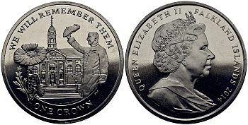 Фолклендские острова 1 крона 2014 в память героев первой мировой войны, Королевский госпиталь Челси KM 177 медно-никель  UNC 4386-813
