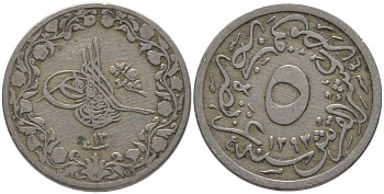 Египет 5/10 гирша 1887 АН1293, год 13, Абдул-Хамид II (1876-1909), Османская империя KM 291 медно-никель 08-941