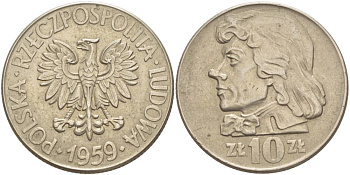 Польша 10 злотых 1959 MW, Тадеуш Костюшко, первый год KM 50 медно-никель 4542-1224