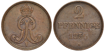 Брауншвейг-Каленберг-Ганновер 2 пфеннига 1856 B, Георг V (1851-1866) KM 217,  AKS 152, J. 84 медь 4142-216