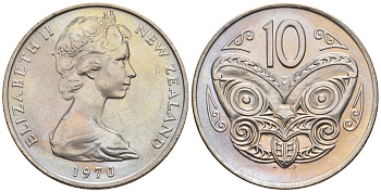 Новая Зеландия 10 центов 1970 Елизавета II (1952-2022), маска маори KM 41.1 медно-никель  UNC  4177-1133