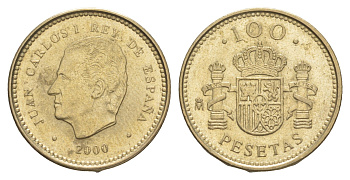 Испания 100 песет 2000 M, Хуан Карлос I (1975-2014) KM 989 алюминиевая бронза 4622-1241