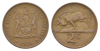 ЮАР 2 цента 1974 герб, антилопа гну KM 83 бронза 4627-165