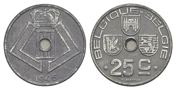 Бельгия 25 сантимов 1946 Belgique - Belgie, Леопольд III (1934-1947), германская оккупация, Вторая мировая война KM 131 цинк 4619-1026