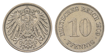Германия 10 пфеннигов 1909 E, Вильгельм II (1888-1918) KM 12, J. 13 медно-никель aUNC 4625-1028