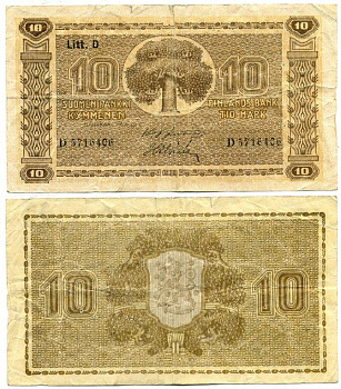 ФИНЛЯНДИЯ 10 МАРОК 1939-1945 Pick 70a бумага 6299-4-1