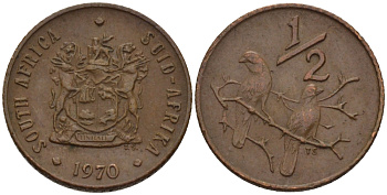 ЮАР 1/2 цента 1970 два капских воробья на ветке KM 81 бронза UNC 66-316
