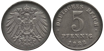 ГЕРМАНИЯ 5 ПФЕННИГОВ 1922 KM 19, Jager 297, Weege 5 железо 4547-634