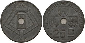 Бельгия 25 сантимов 1943 Belgie - Belgique, Леопольд III (1934-1947), германская оккупация, Вторая мировая война KM 132 цинк 4157-611