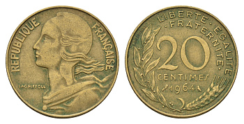 Франция 20 сантимов 1964 тип Marianne KM 930 медь алюминий никель 4681-653