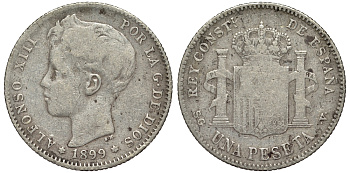 Испания 1 песета 1899 (99) SG-V, Альфонсо XIII (1886-1931) KM 706 (Y88) серебро 4566-632