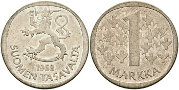 Финляндия 1 марка 1968 S KM 49 серебро 4582-1244