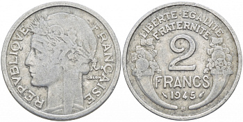 ФРАНЦИЯ 2 ФРАНКА 1945 В KM 886а.2 алюминий 4402-945
