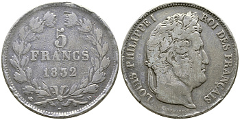 Франция 5 франков 1832 D, Луи Филипп I (1830-1848) KM 749.4 серебро 1066-6-15
