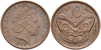 Новая Зеландия 10 центов 2009 маска Маори, Елизавета II (1952-) KM 117а сталь плакированная медью 4179-752