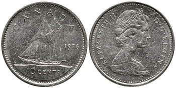Канада 10 центов 1976 Елизавета II (1952-2022), парусник KM 77.1 никель 4532-821