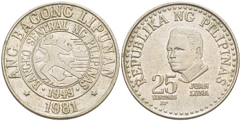 ФИЛИППИНЫ 25 СЕНТИМО 1981 ХУАН ЛУНА KM 227 медно-никель 4513-935