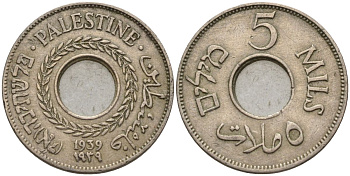 Израиль, Палестина 5 милсов 1939 британская администрация (1927-1948) KM 3 медно-никель    4154-413