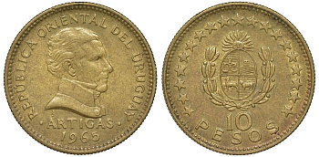 Уругвай 10 песо 1965 KM 48 алюминиевая бронза 4574-236