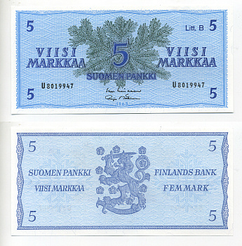 ФИНЛЯНДИЯ 5 МАРОК 1963 Pick 106A бумага UNC (пресс) 7214-15-2