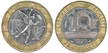 Франция 10 франков 1990 тип Гений Бастилии KM 964.1, Le Frank 375.5 биметалл  4606-151