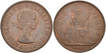 Великобритания 1 пенни 1966 Елизавета II (1952-2022) KM 897, Spink 4157 бронза 4574-244