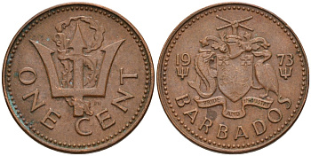 Барбадос 1 цент 1973 сломанный трезубец Британии KM 10 бронза 4596-463