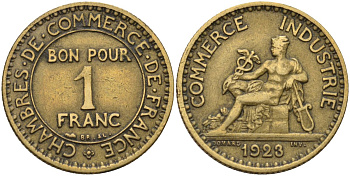 Франция 1 франк 1923 KM 876, Le Franc 218.5 алюминиевая бронза 4142-654