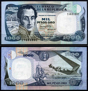 Колумбия 1000 песо 1991El Banco de la Republica, портрет Симона Боливара, памятник героям Пантано-де-Варгас Pick 432 бумага UNC (пресс) 447-20-2-2