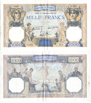 Франция 1000 франков 1938 3 ноября 1938 ЕЕ Pick 90с бумага 434-6-2-1