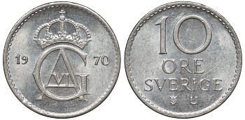 Швеция 10 эре 1970 Густав VI Адольф (1950-1973) KM 835 медно-никель 4596-331