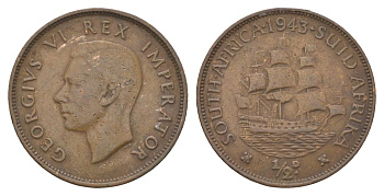 ЮАР 1/2 пенни 1943 KM 24 бронза 4622-653