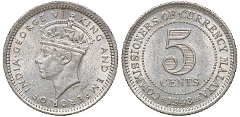 Британская Малайя 5 центов 1943 Георг VI (1937-1952) KM 3a серебро 53-157