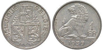 Бельгия 1 франк 1939 Леопольд III (1934-1950), Belgique-Belgie, лев KM 119 никель 4163-211