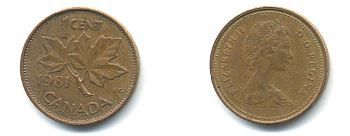 Канада 1 цент 1981 Елизавета II (1952-2022), кленовый лист KM 127 бронза 177-1365