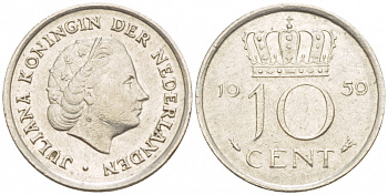НИДЕРЛАНДЫ 10 ЦЕНТОВ 1959 ЮЛИАНА KM 182 никель 4547-831