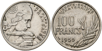 Франция 100 франков 1955 тип COCHET (кокетка) KM 919.1 медно-никель    4153-514