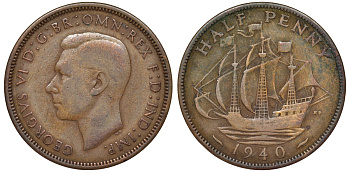 Великобритания 1/2 пенни 1940 Георг VI (1936-1952) KM 844, Spink 4115 бронза 4175-831